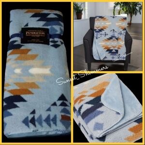 PENDLETON Plush Sherpa Fleece Aztec Southwest Boho Throw BLANKET 50x70 Blue Tan